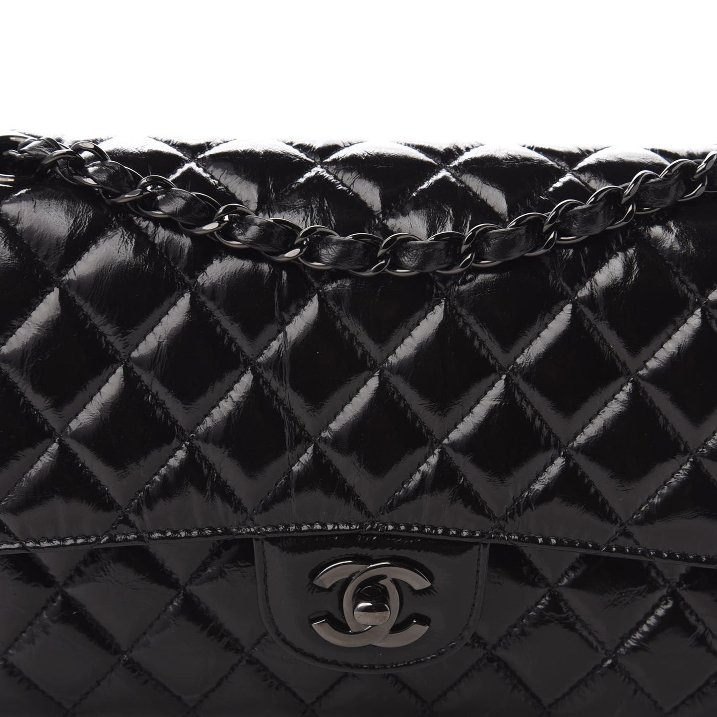 Shiny Crumpled Calfskin Quilted Medium Double Flap So Black