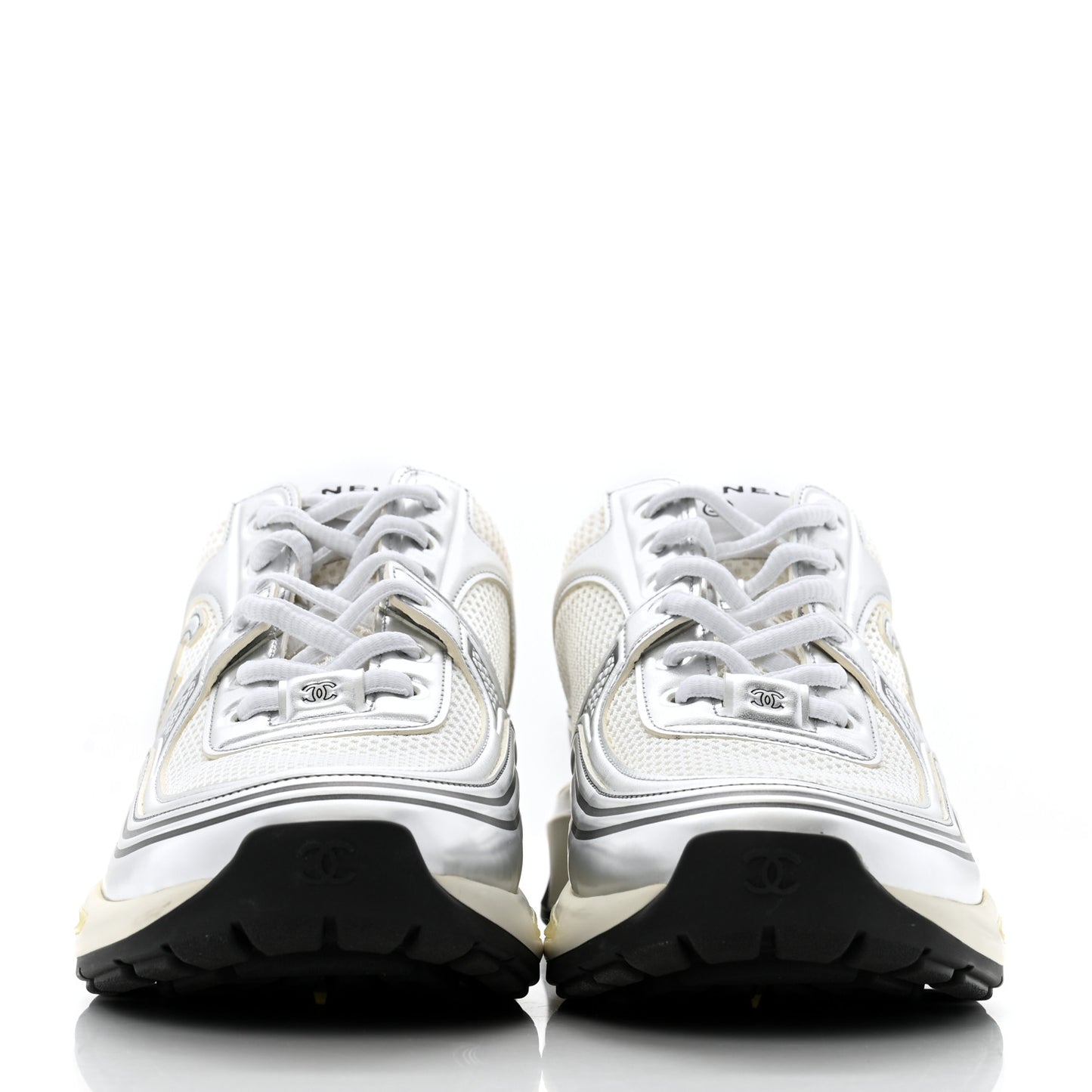 Fabric Laminated Calfskin Stretch CC Sneakers 40 White Gold Silver