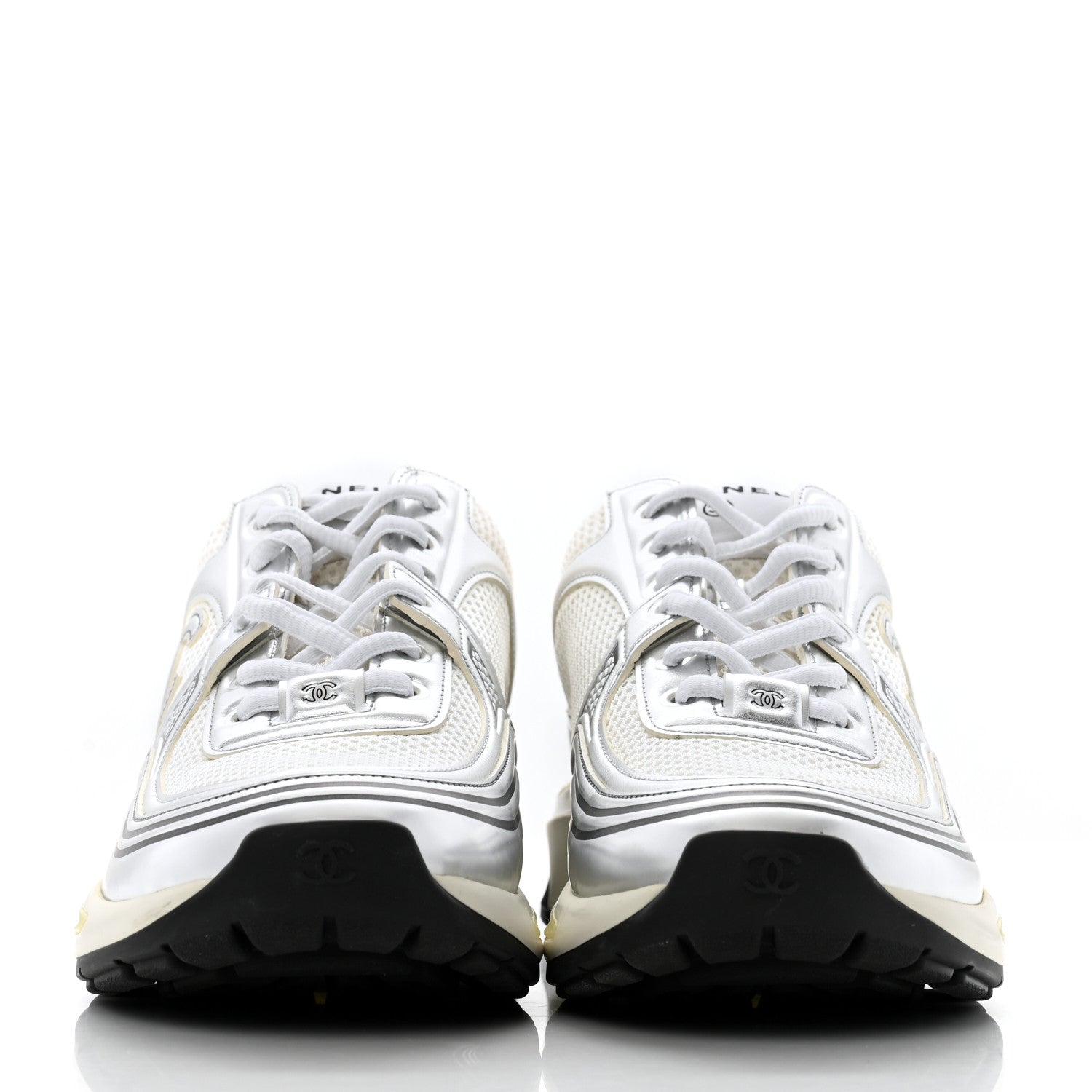 Chanel Fabric Laminated Calfskin Stretch CC Sneakers 40 White Gold Silver 3 of 10