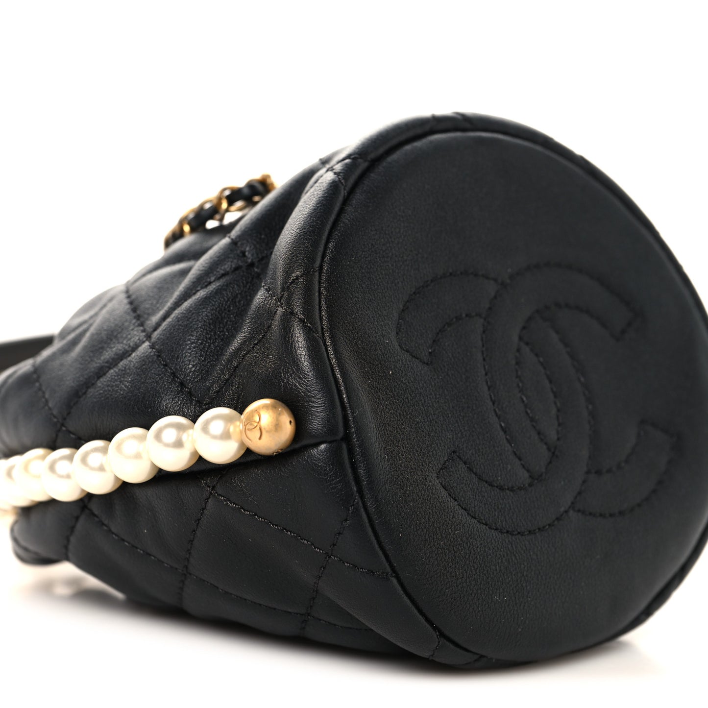 Calfskin Quilted Pearl Mini About Pearls Drawstring Bucket Bag Black