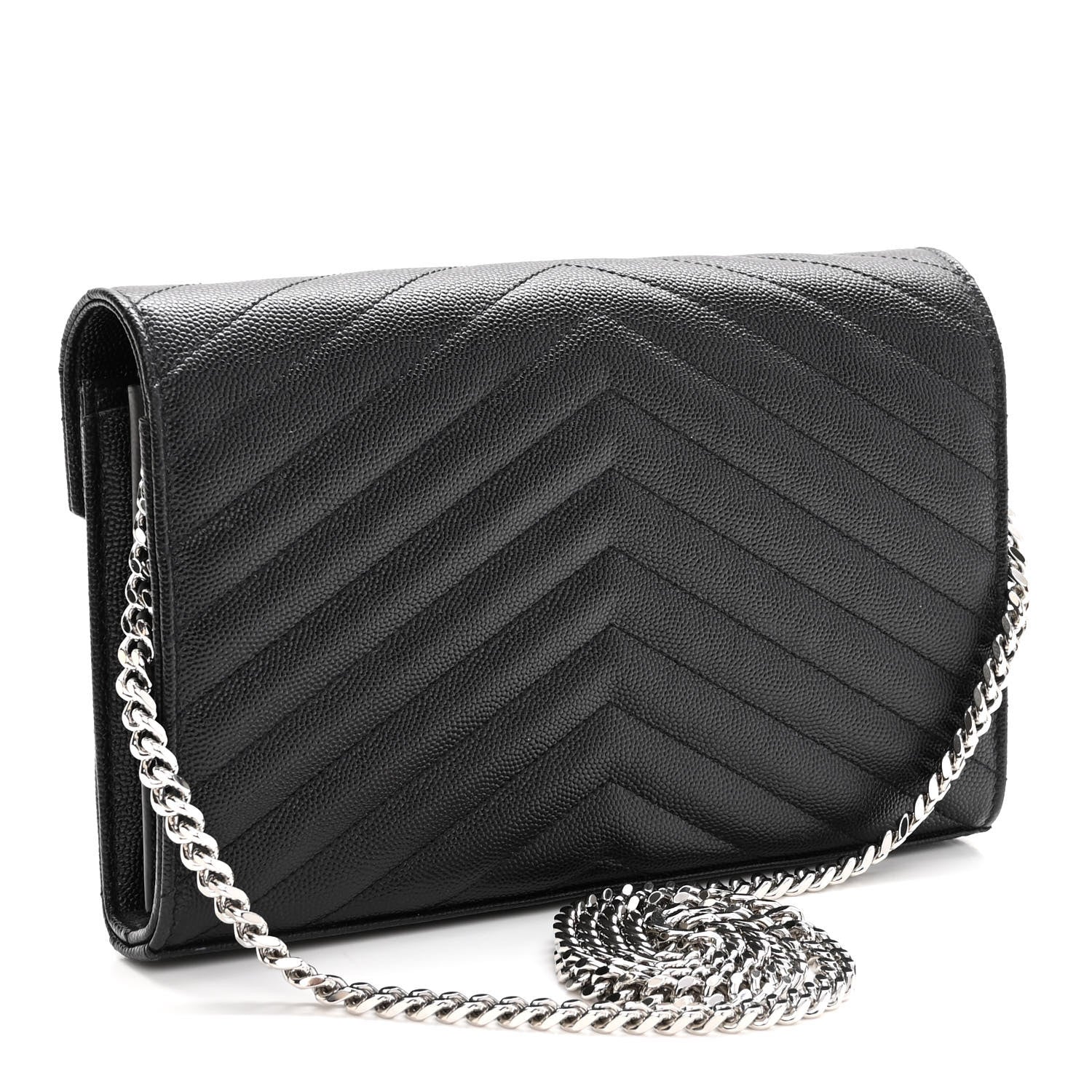 Saint Laurent Grain De Poudre Matelasse Chevron Monogram Chain Wallet Black 3 of 9