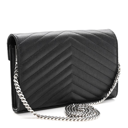 Saint Laurent Grain De Poudre Matelasse Chevron Monogram Chain Wallet Black 3 of 9
