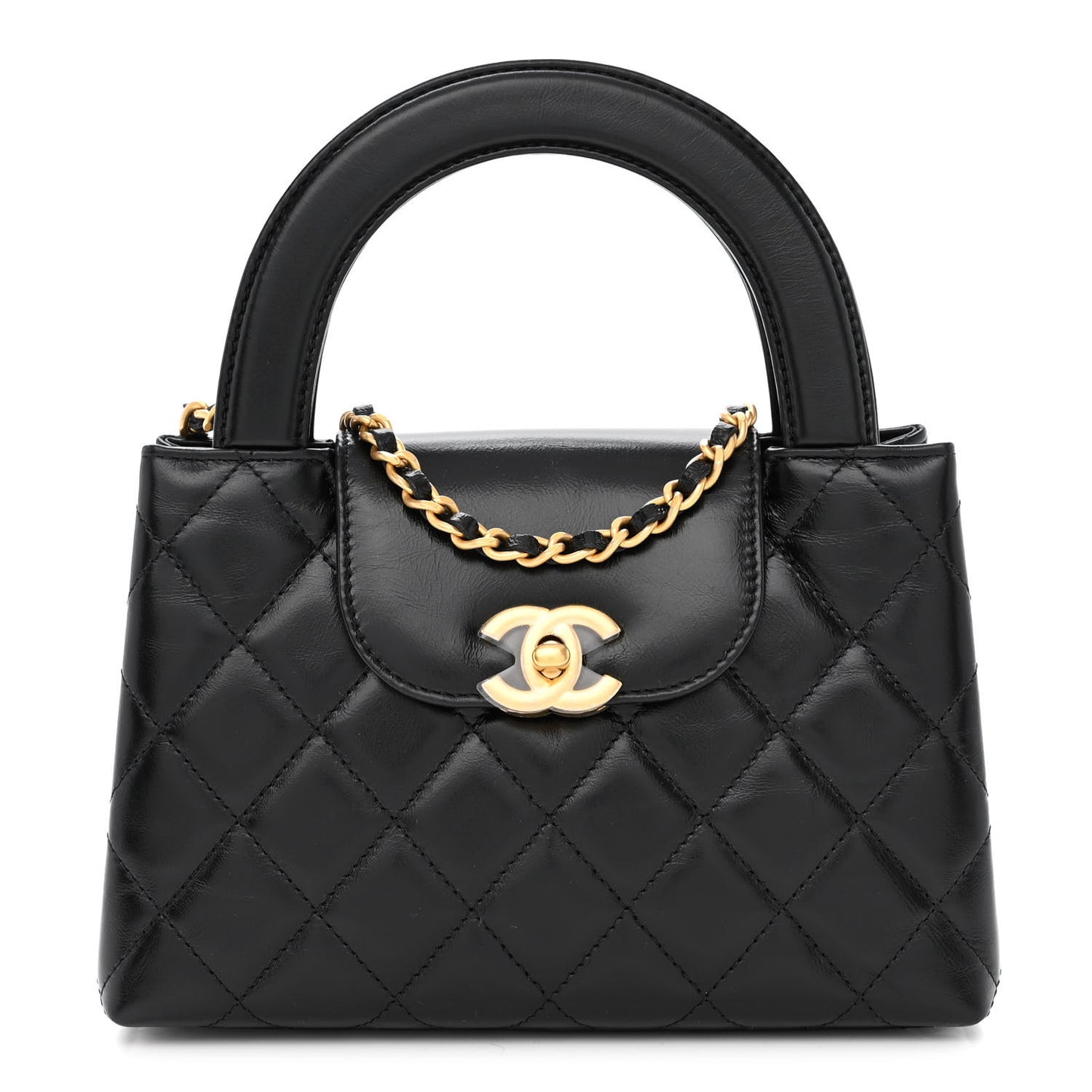 Shiny Aged Calfskin Quilted Nano Kelly Shopper Black