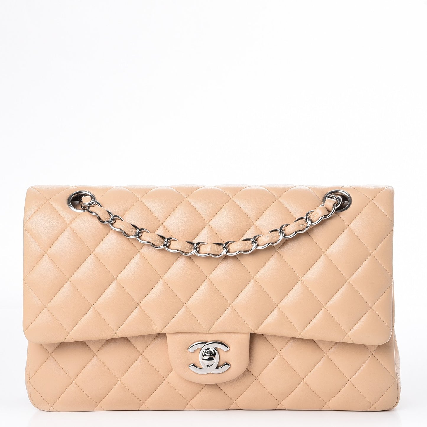 Lambskin Quilted Medium Double Flap Beige