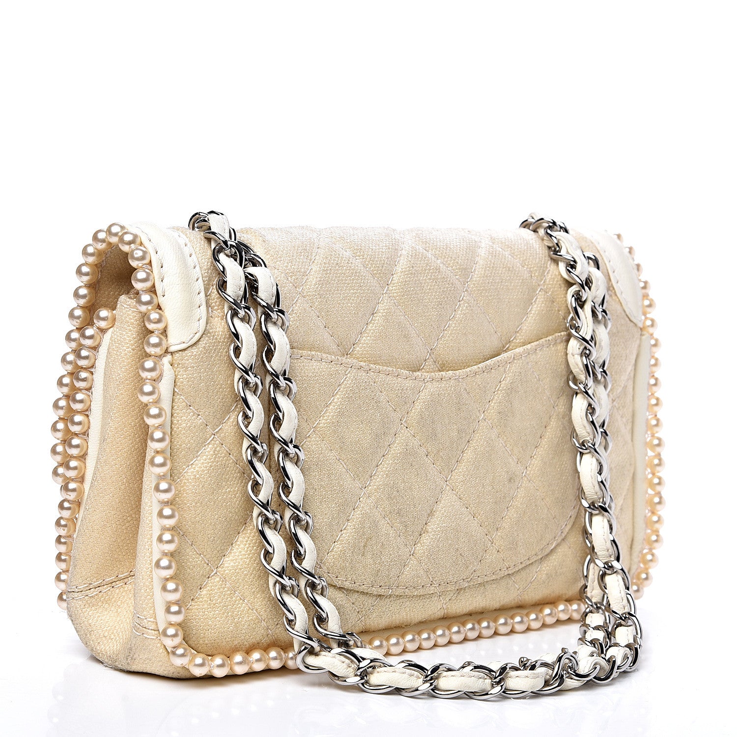 Chanel Canvas Quilted Pearl Trim Medium Flap Beige 2 of 16