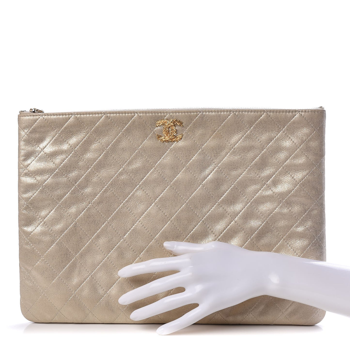 Metallic Calfskin Quilted Large Cosmetic Case Light Gold