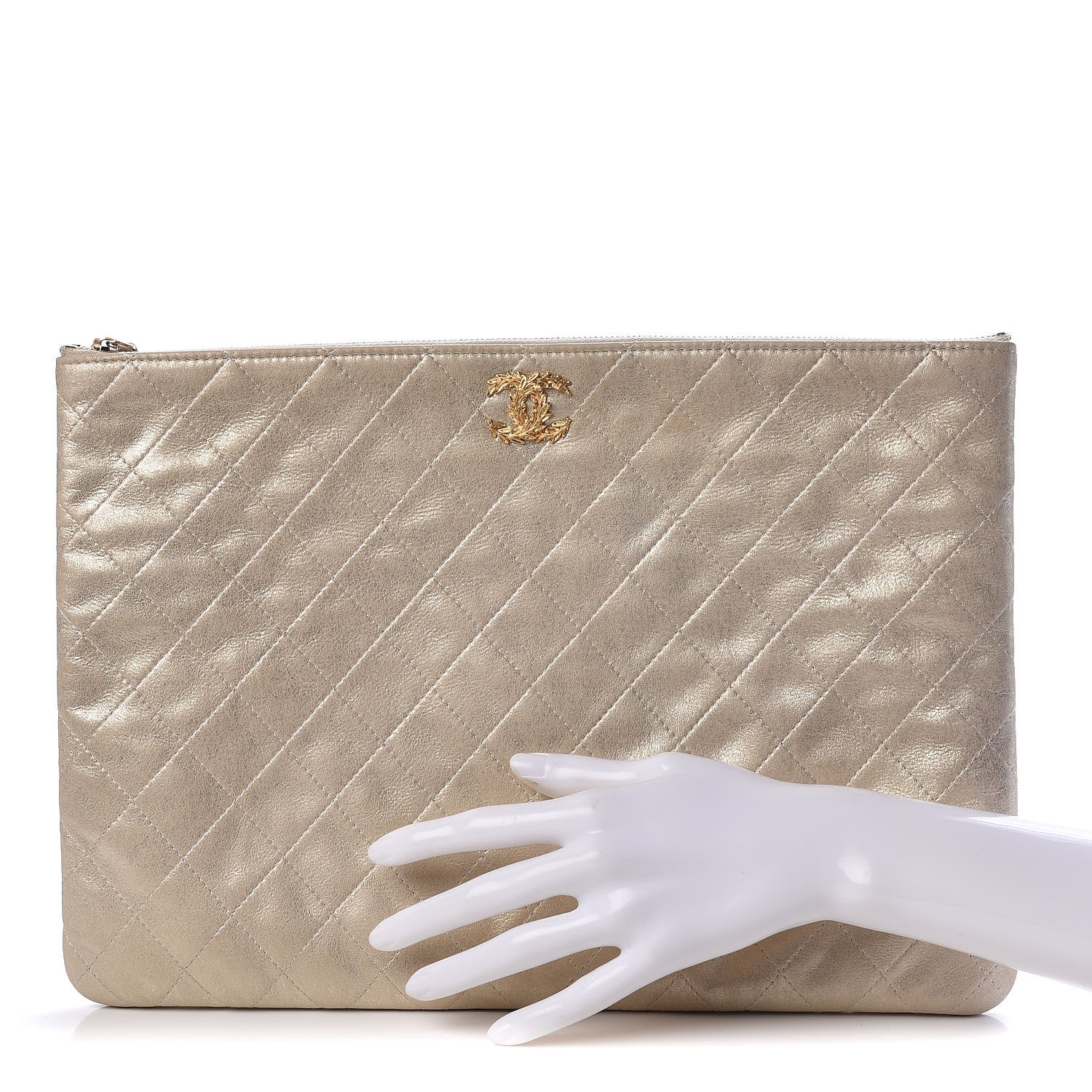 Chanel Metallic Calfskin Quilted Large Cosmetic Case Light Gold 2 of 11