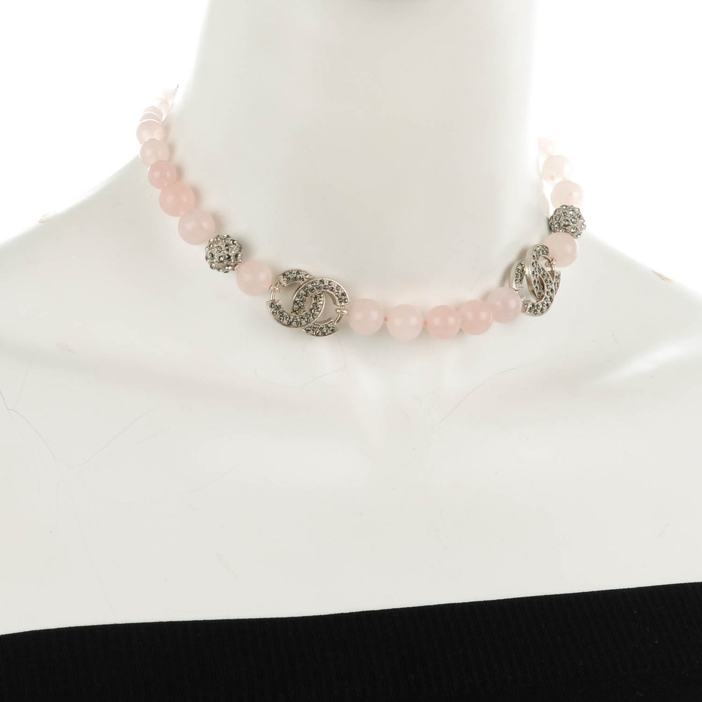 Bead Crystal CC Choker Necklace Pink Silver