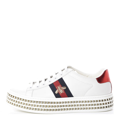 Gucci Calfskin Crystal Web Bee Embroidered Womens Ace Platform Sneakers 37.5 White 1 of 7