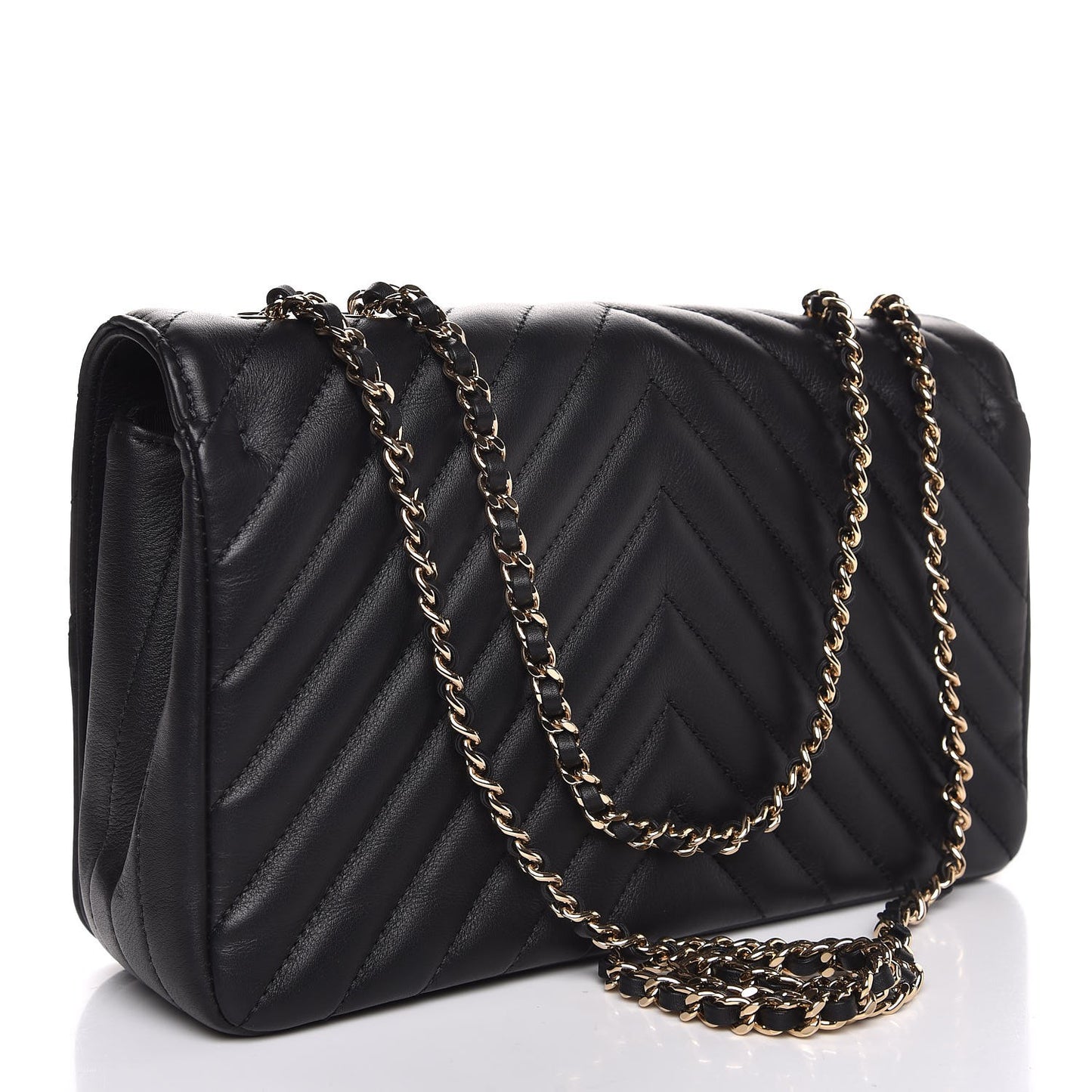 Calfskin Chevron Quilted Statement Flap Black