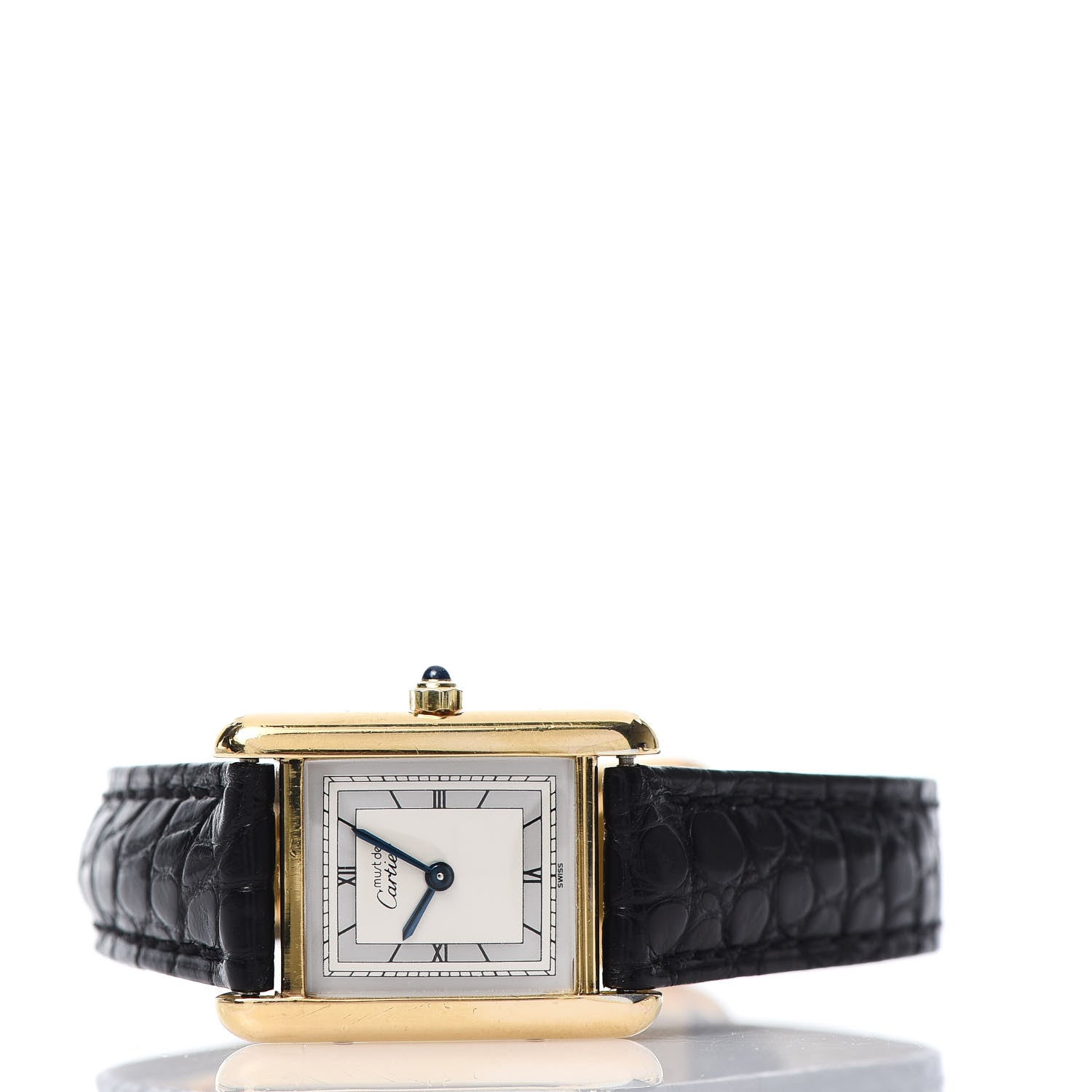 Cartier Sterling Silver Vermeil Alligator 20mm Must de Cartier Tank Quartz Watch Grey 2 of 7