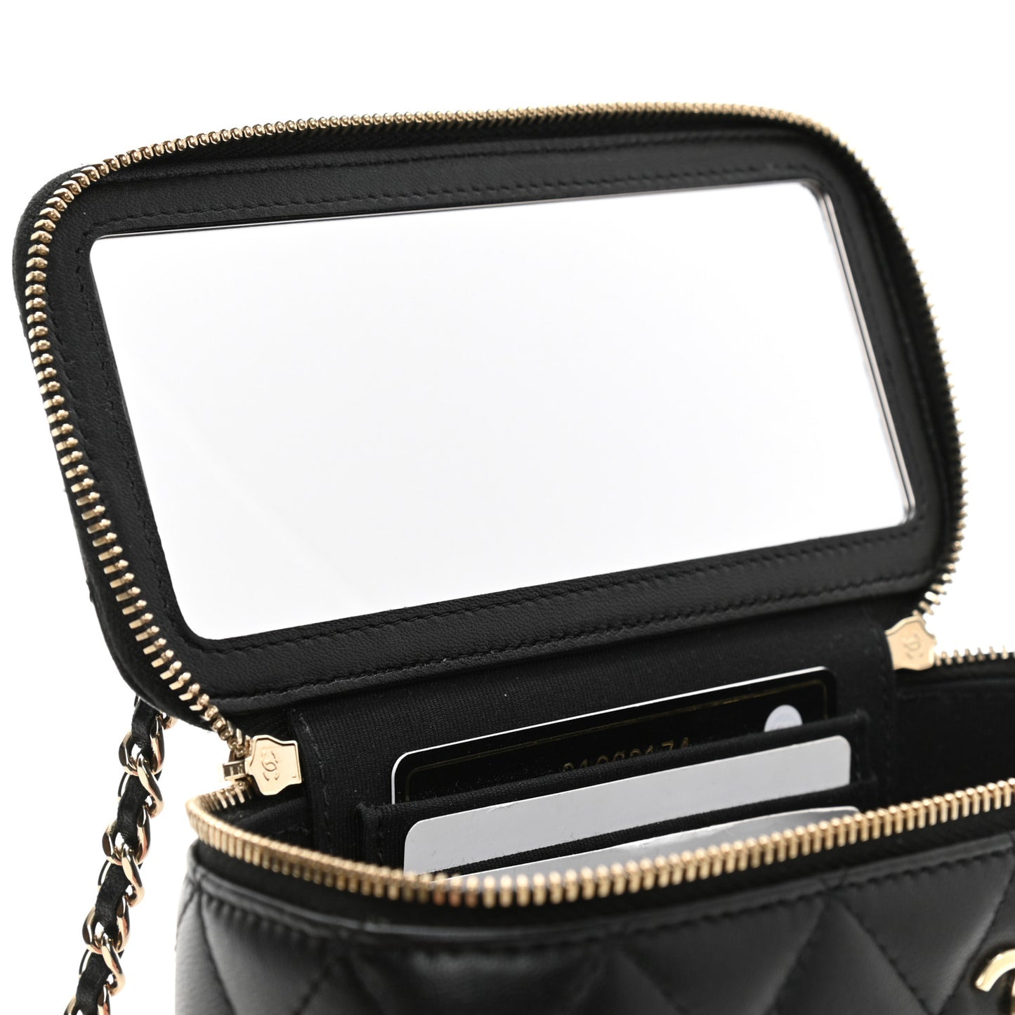 Lambskin Quilted Small Top Handle Vanity Case With Chain Black