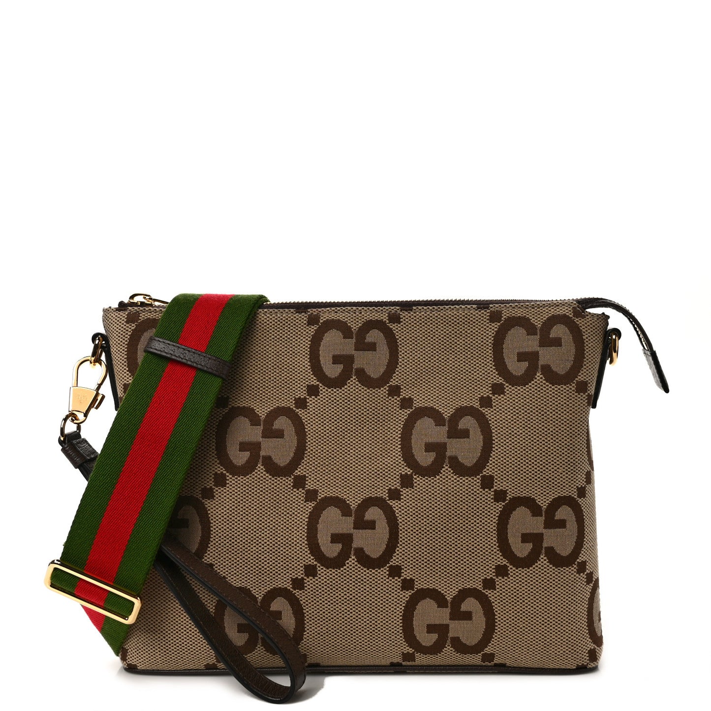 Monogram Jumbo GG Textured Dollar Calfskin Web Wristlet Messenger Bag Camel Ebony New Acero