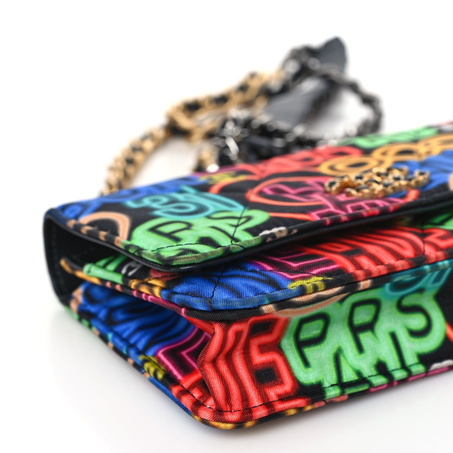 Fabric Printed Chanel 19 Wallet On Chain WOC Black Multicolor