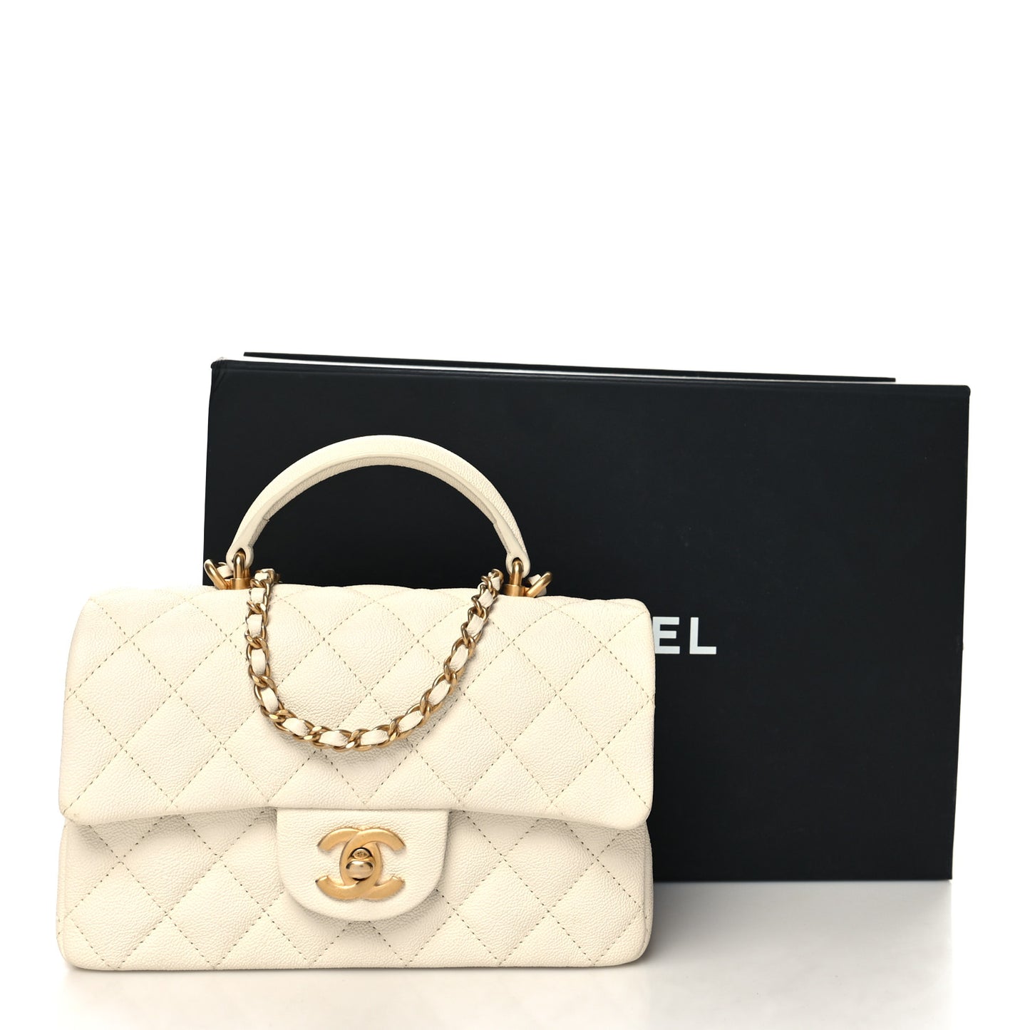 Caviar Quilted Mini Top Handle Rectangular Flap White