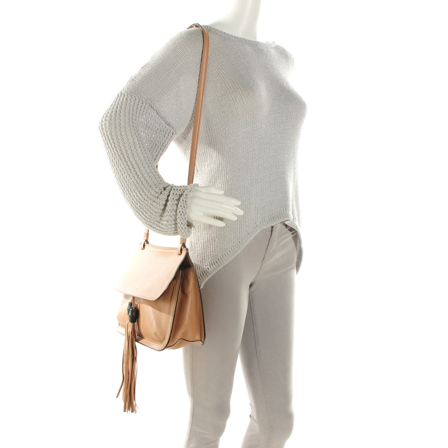 Leather Bamboo Daily Flap Shoulder Bag Beige