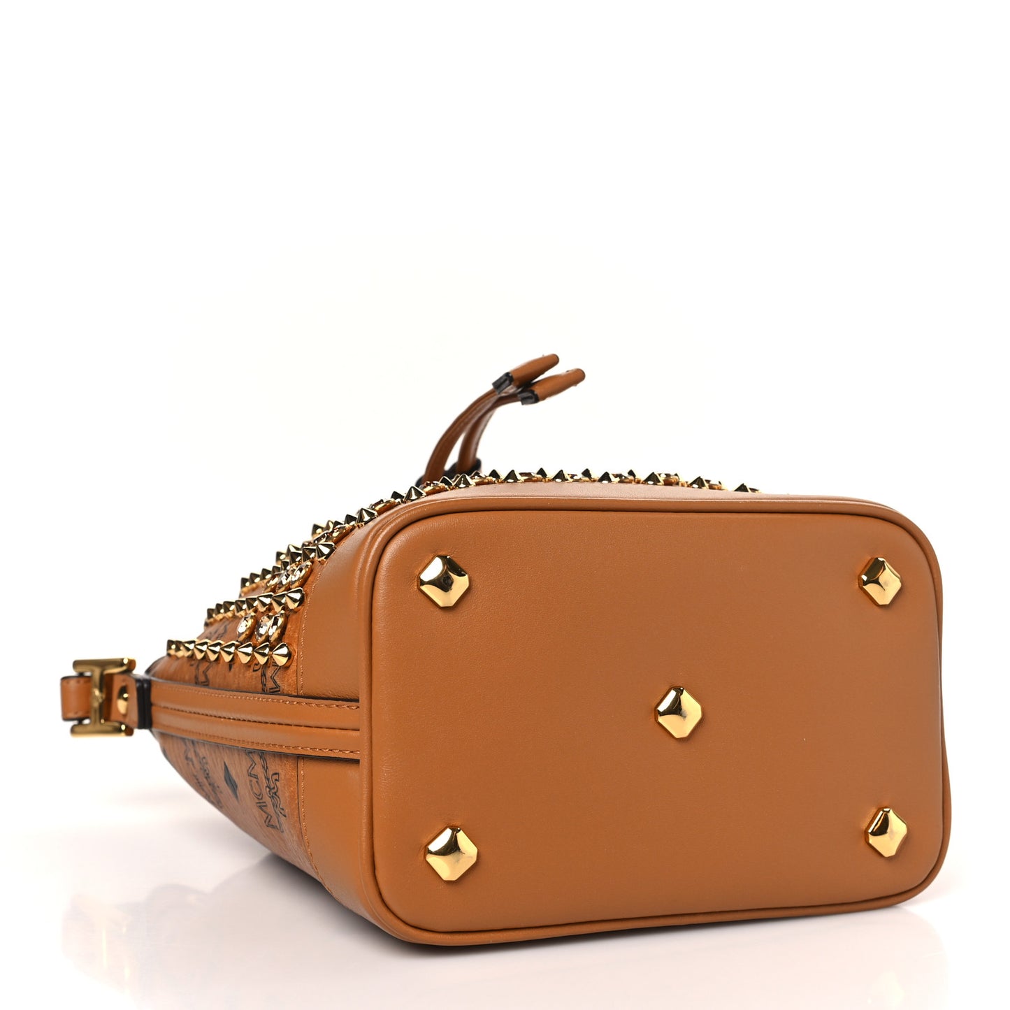 Visetos Swarovski Crystal Studded Mini Drawstring Bucket Bag Cognac