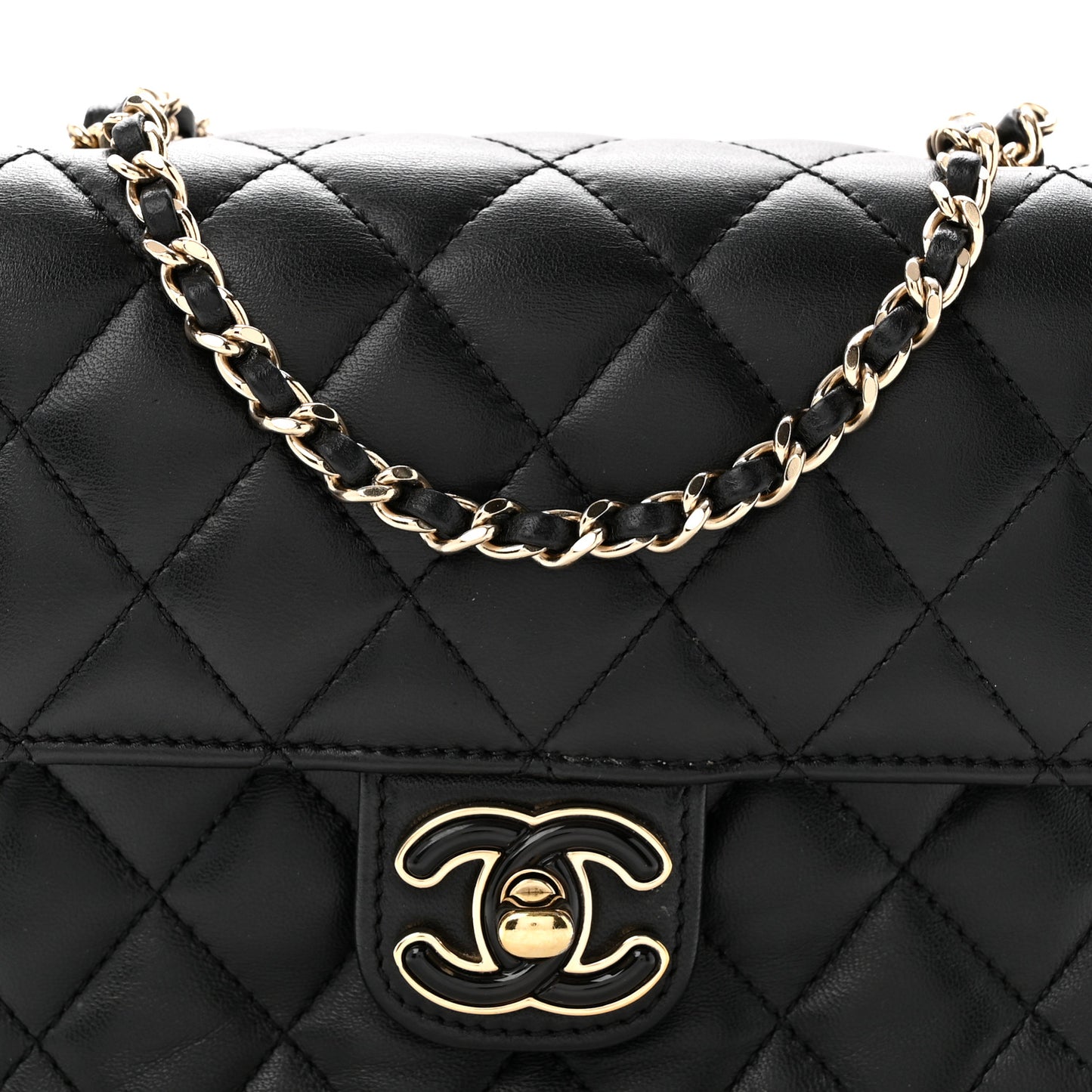 Lambskin Resin Quilted Mini Heart Square Flap Black