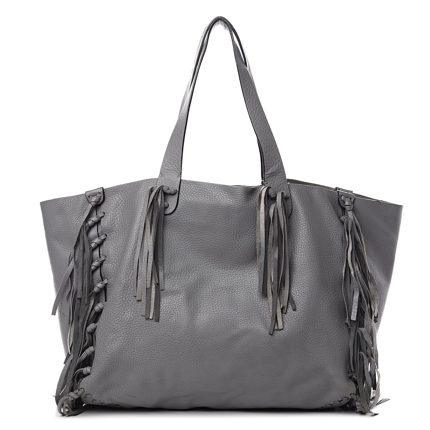Valentino Garavani Grained Calfskin C-Rockee Fringe Tote Grey 1 of 15