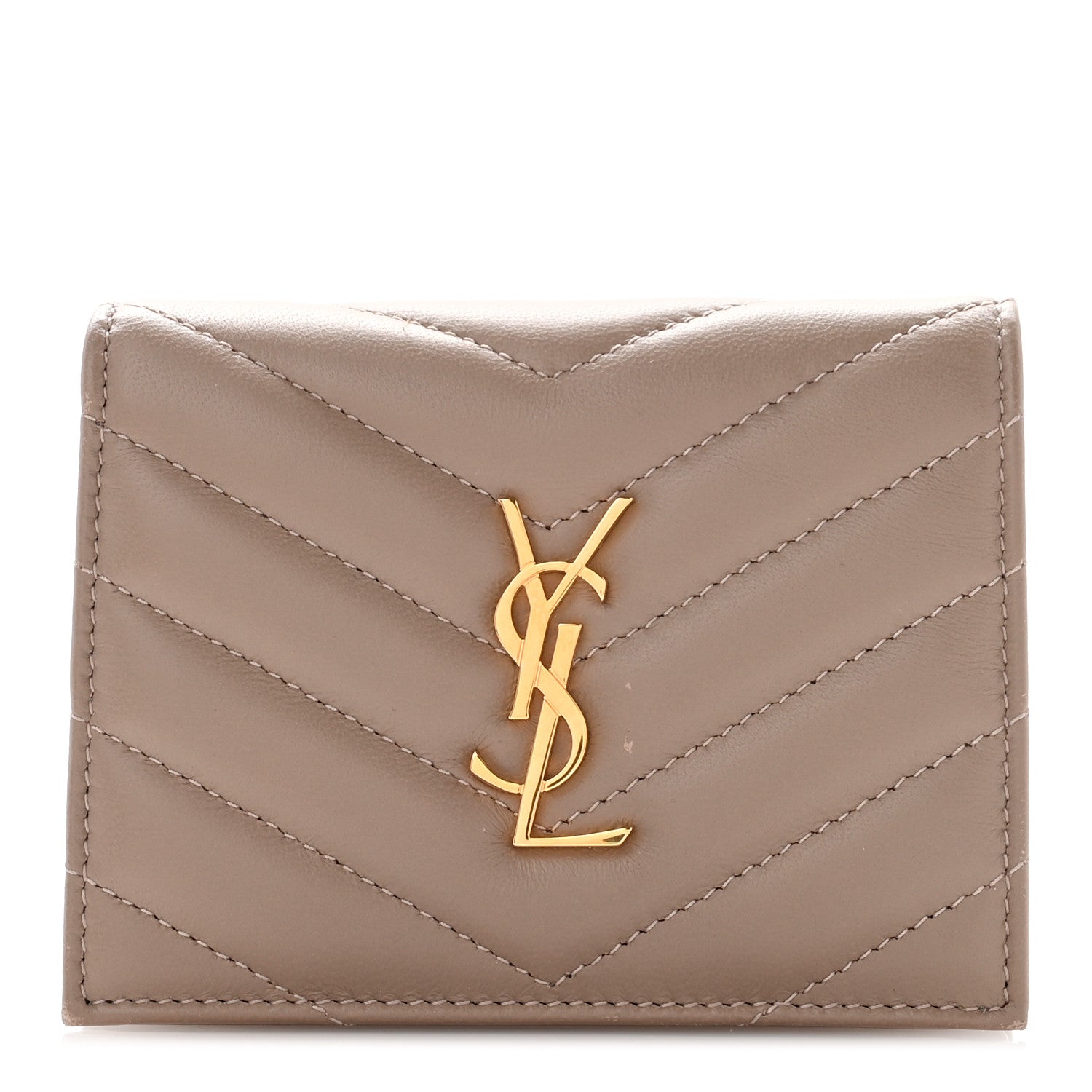 Saint Laurent Lambskin Matelasse Chevron Monochrome Monogram Flap Card Case Dusty Grey 1 of 9
