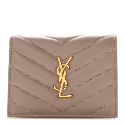 Saint Laurent Lambskin Matelasse Chevron Monochrome Monogram Flap Card Case Dusty Grey 1 of 9