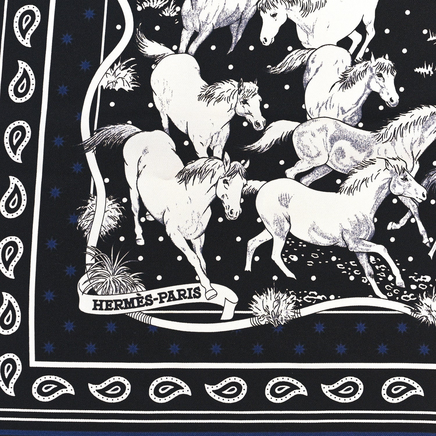 Hermes Silk Les Mustangs Bandana 55 Marine Black White 2 of 3