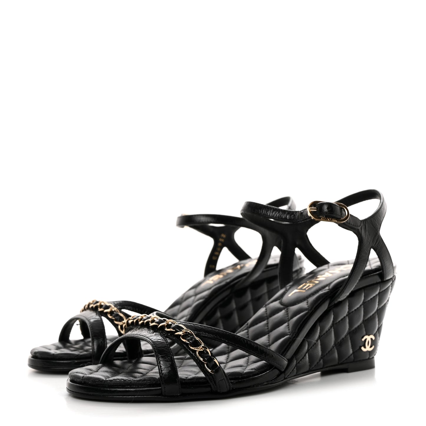 Crumpled Calfskin Quilted Wedge Sandals 37 Black