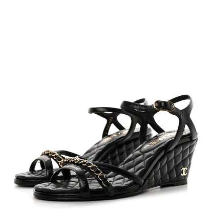Chanel Crumpled Calfskin Quilted Wedge Sandals 37 Black 3 of 9