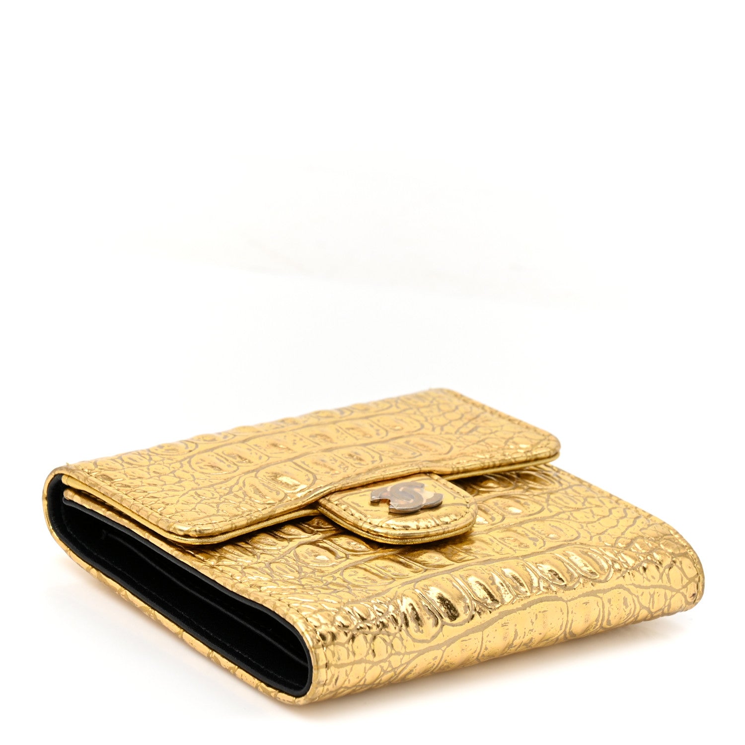 Chanel Metallic Calfskin Crocodile Embossed Cocodile Compact Flap Wallet  Gold 4 of 8