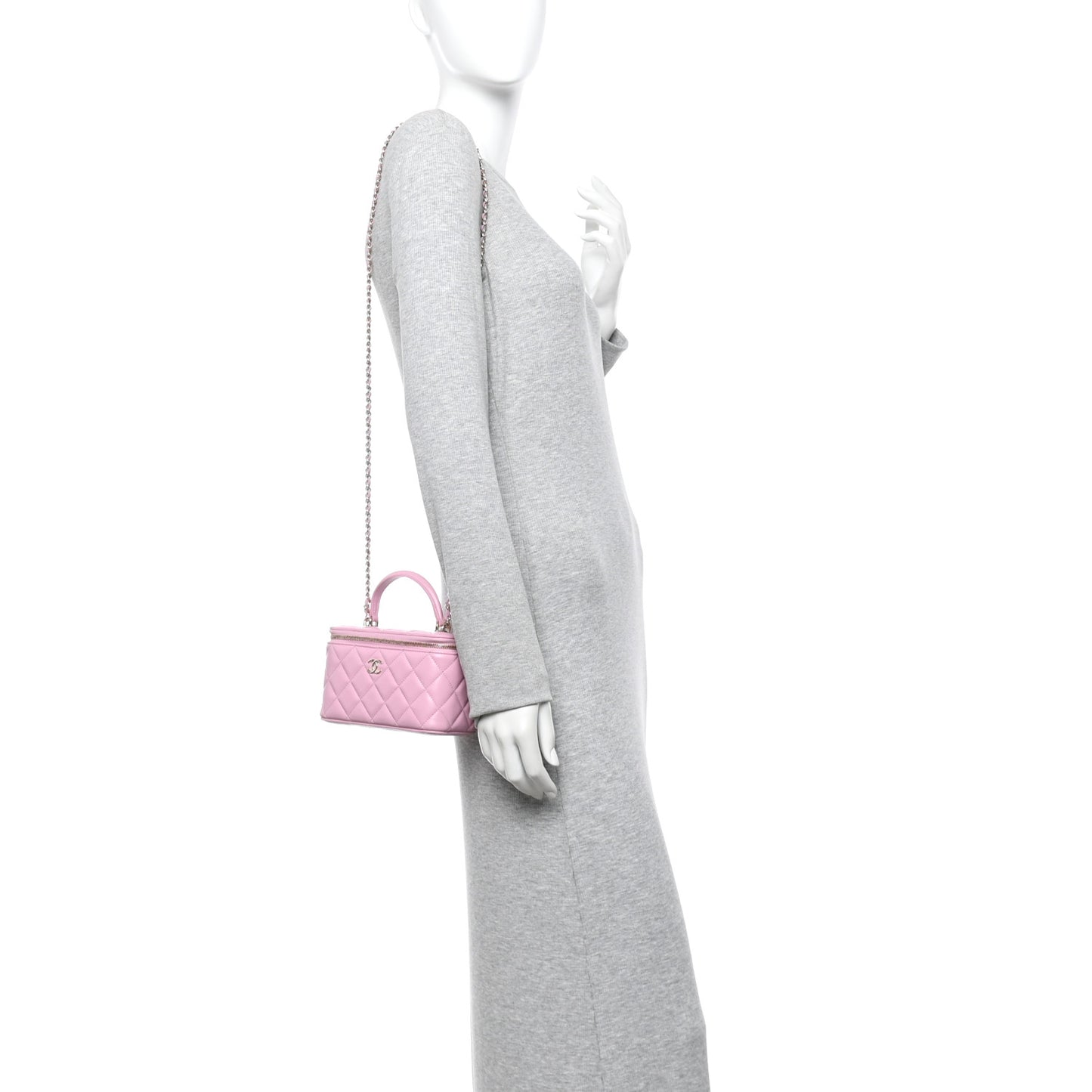 Lambskin Quilted Small Top Handle Vanity Case With Chain Pink
