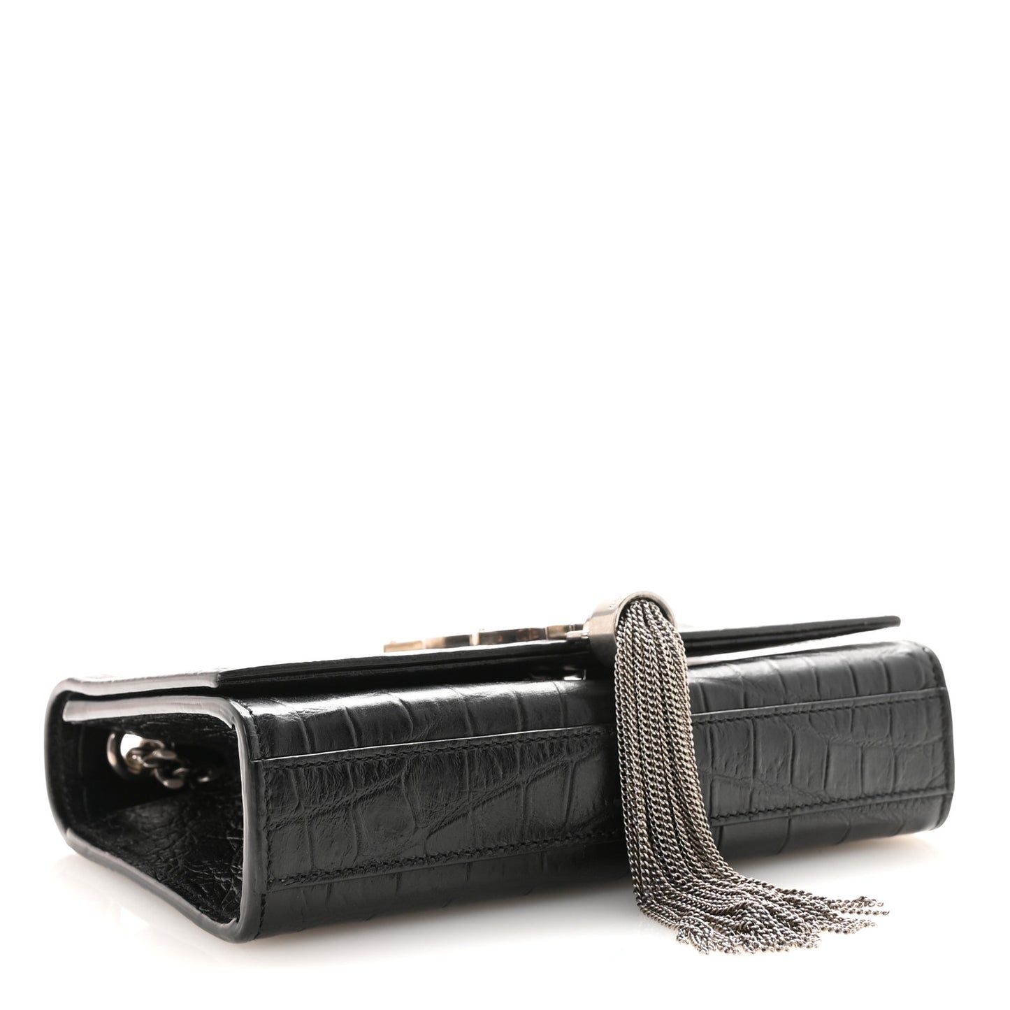 Calfskin Crocodile Embossed Small Classic Monogram Kate Tassel Satchel Black