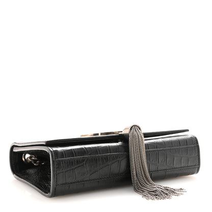 Saint Laurent Calfskin Crocodile Embossed Small Classic Monogram Kate Tassel Satchel Black 4 of 9