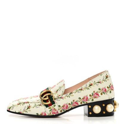 Gucci Calfskin Web Pearl Floral Embellished Peyton Loafer 38 White Multicolor 1 of 9