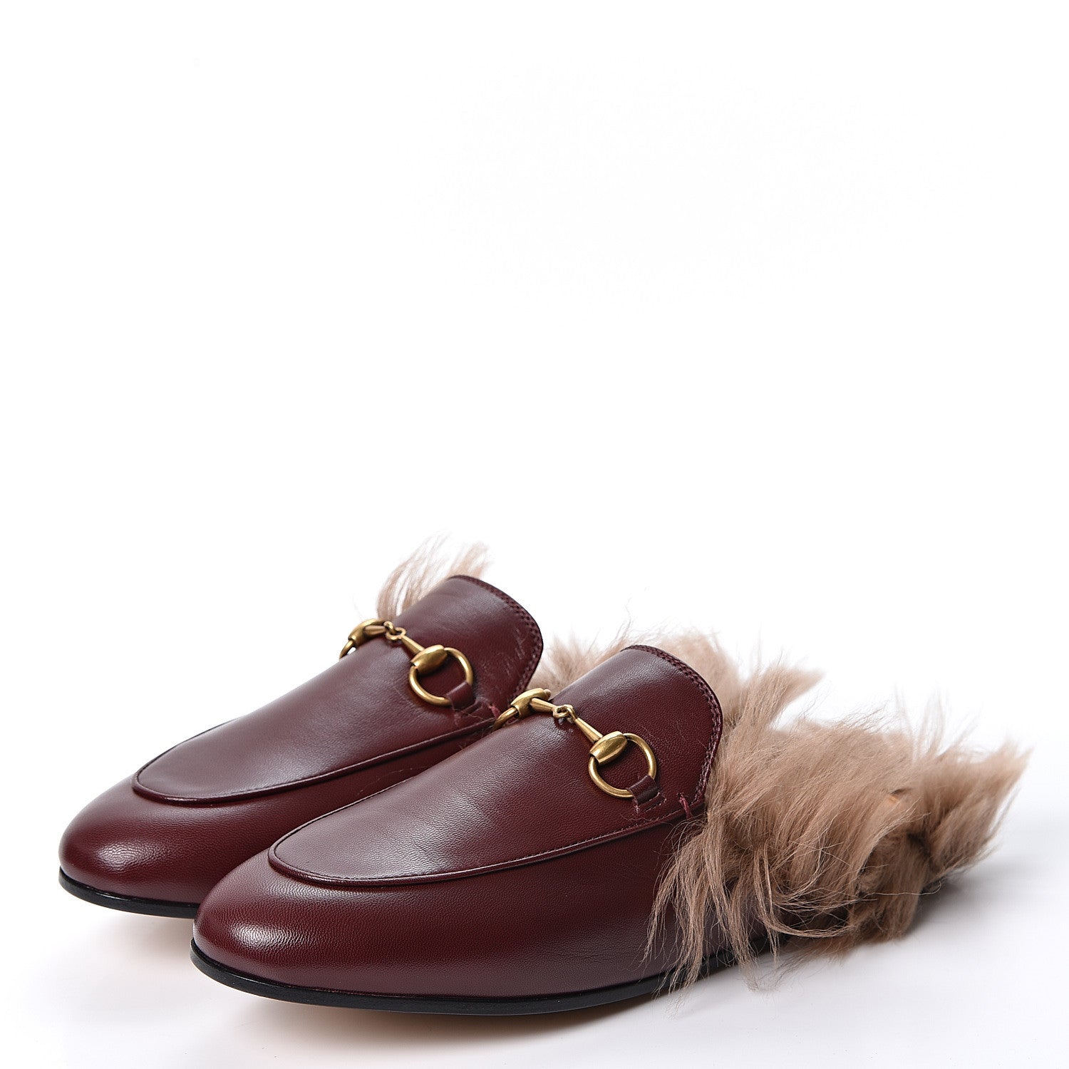 Gucci Malaga Kid Fur Womens Princetown Slippers 37 Vintage Bordeaux Naturale 3 of 9