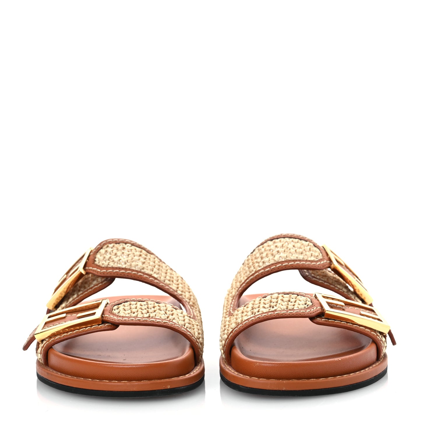 Raffia Vitello Womens Fendi Feel Buckled Slide Sandals 37 Paglia Brandy