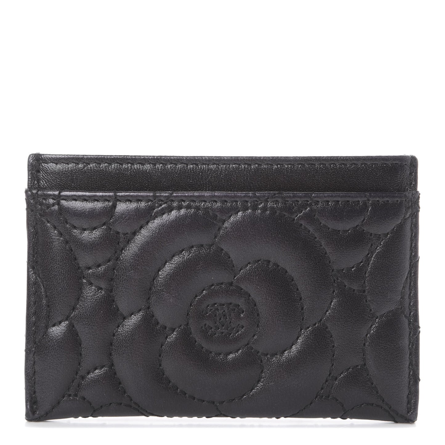 Lambskin Camellia Embossed Card Holder Black