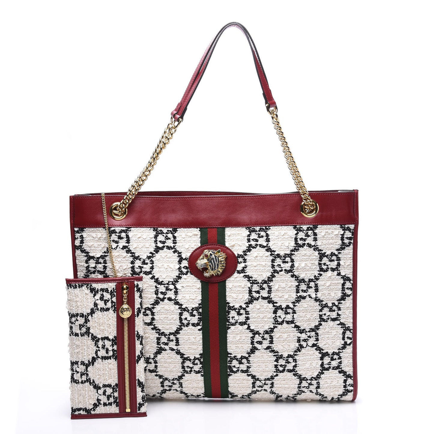 Tweed GG Monogram Large Rajah Chain Tote White Black Romantic Cherry