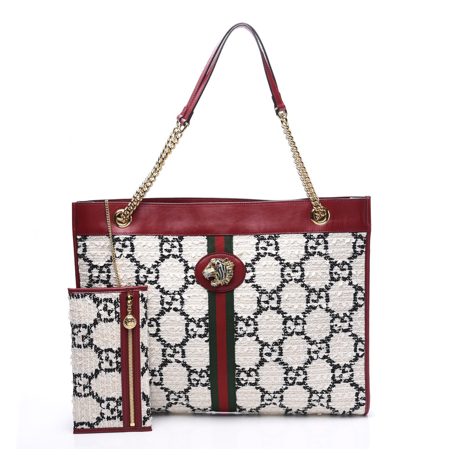 Gucci Tweed GG Monogram Large Rajah Chain Tote White Black Romantic Cherry 2 of 12