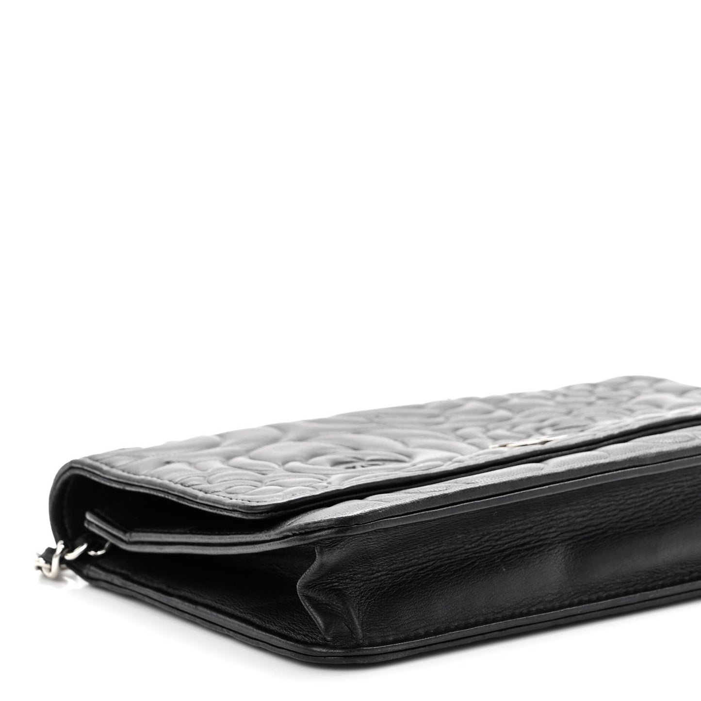 Lambskin Camellia Embossed Wallet on Chain WOC Black