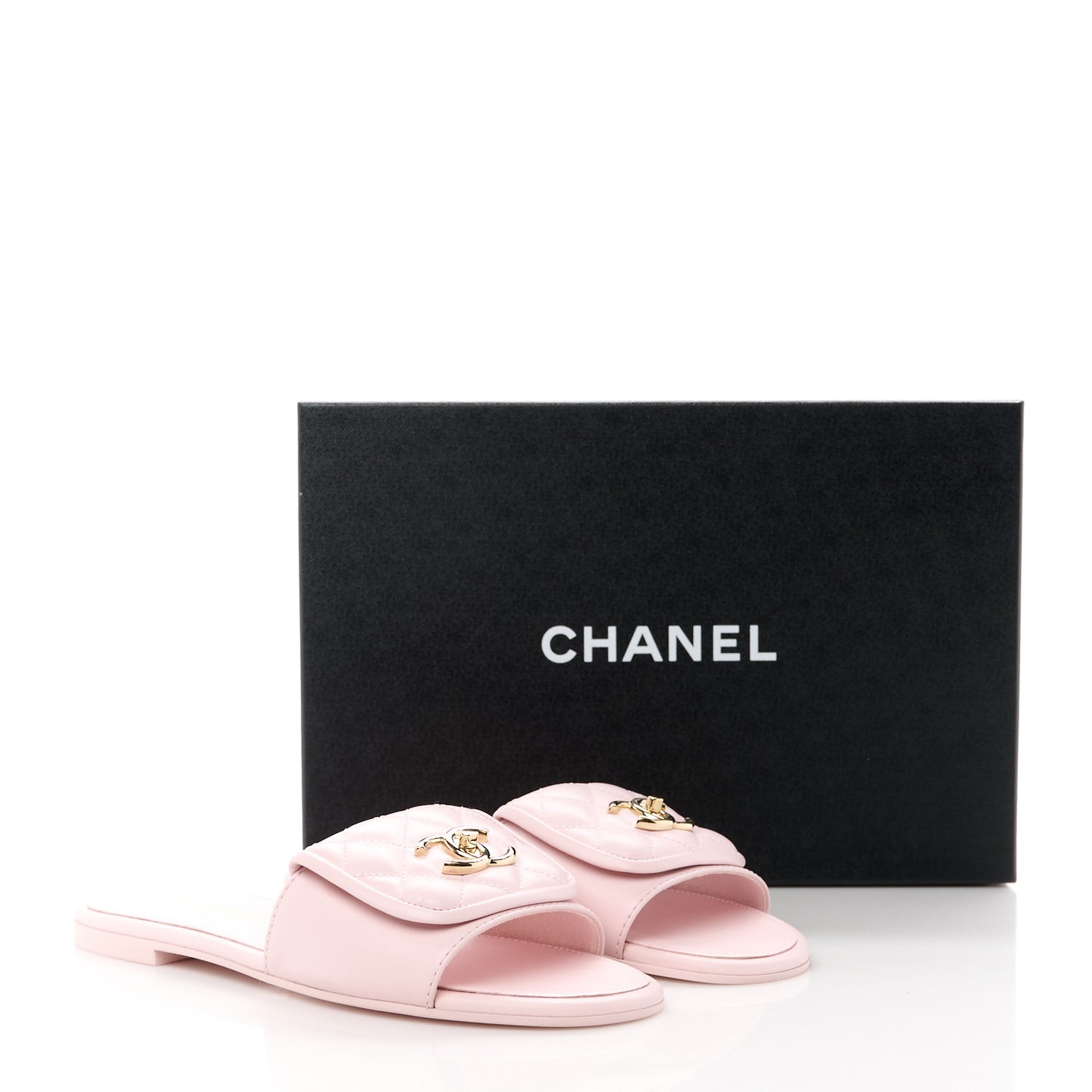 Lambskin Quilted Turnlock Flat Mules 38.5 Light Pink