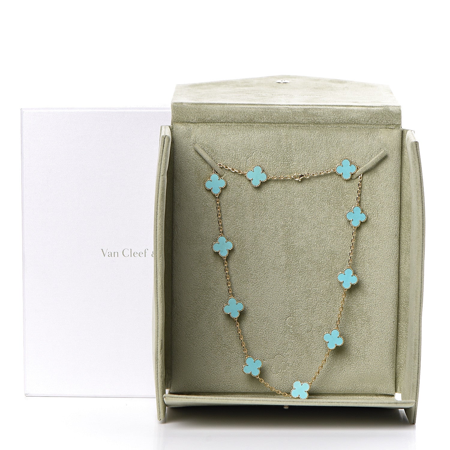 Van Cleef & Arpels 18K Yellow Gold Turquoise 10 Motifs Vintage Alhambra Necklace 15 of 15