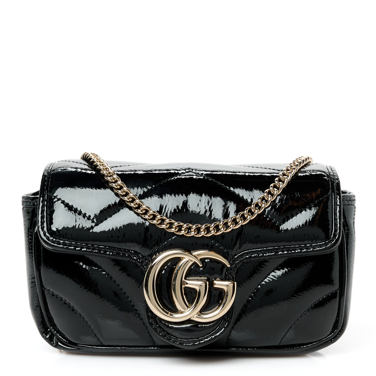 Patent Lambskin Matelasse Super Mini GG Marmont Shoulder Bag Black