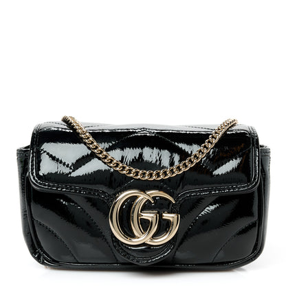 Gucci Patent Lambskin Matelasse Super Mini GG Marmont Shoulder Bag Black 1 of 11