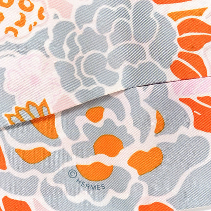Hermes Silk Bingata Twilly Orange Rose Gris 4 of 4