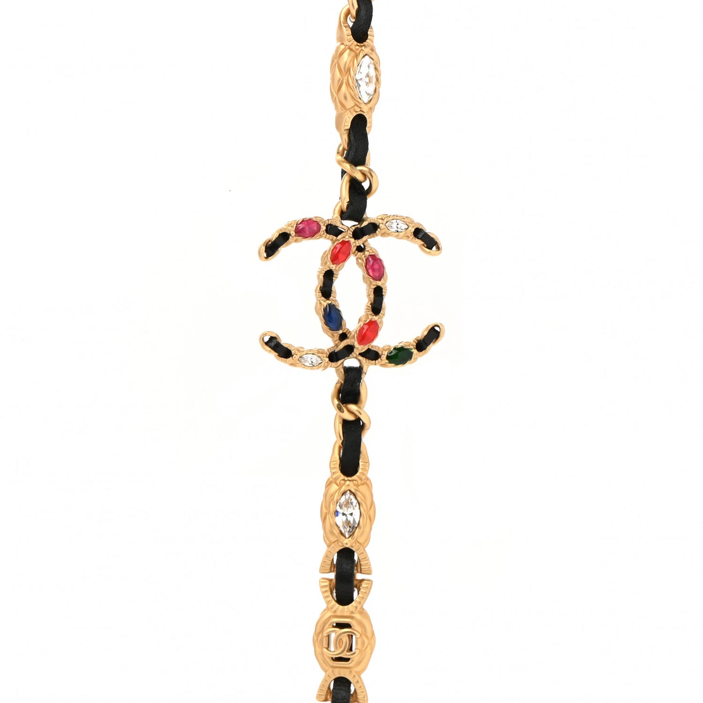 Lambskin Crystal CC Long Necklace Gold Black Red