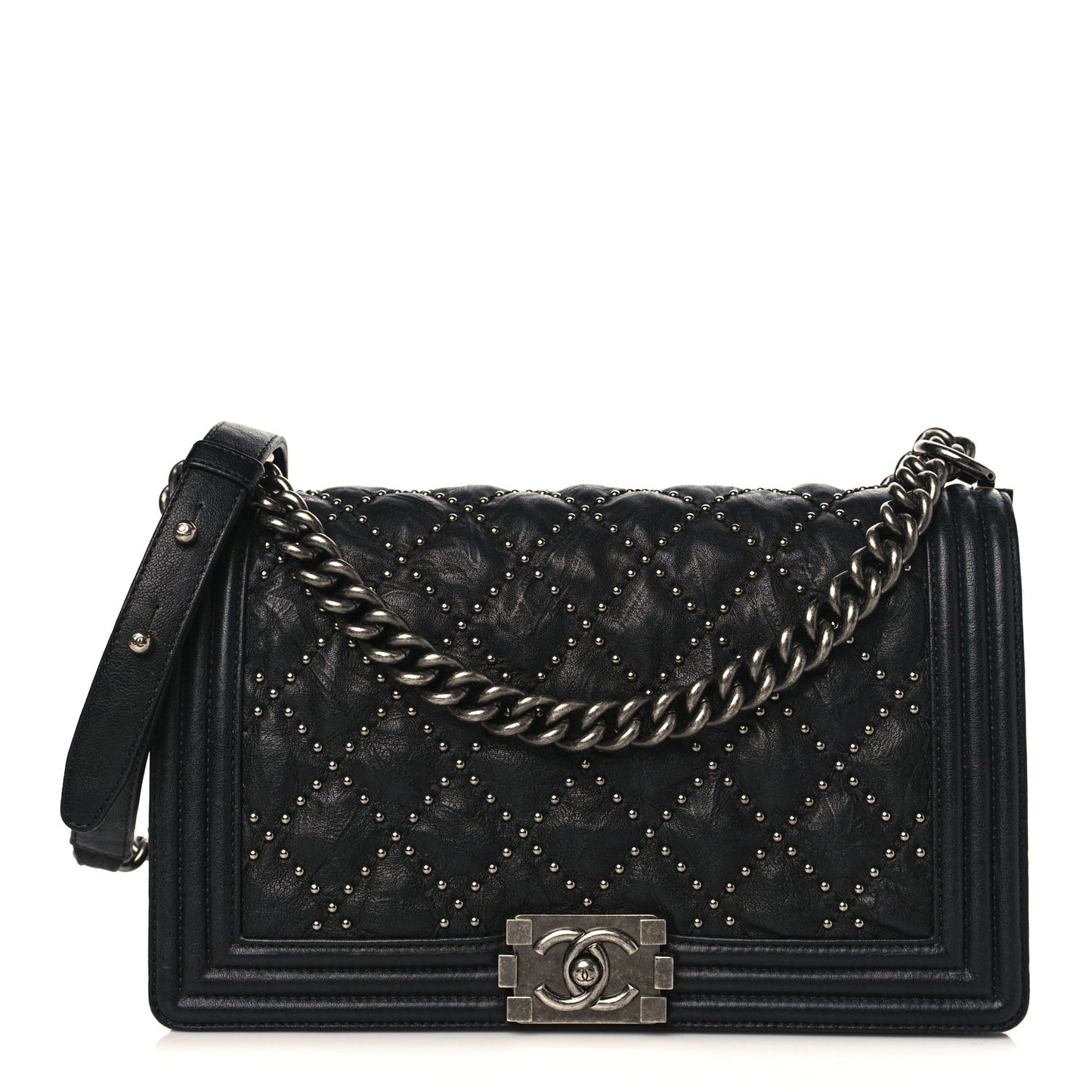Crumpled Lambskin New Medium Studded Boy Flap Black