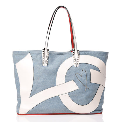 Christian Louboutin Denim Calfskin Love Spikes East West Cabata Tote Blue Latte 3 of 16