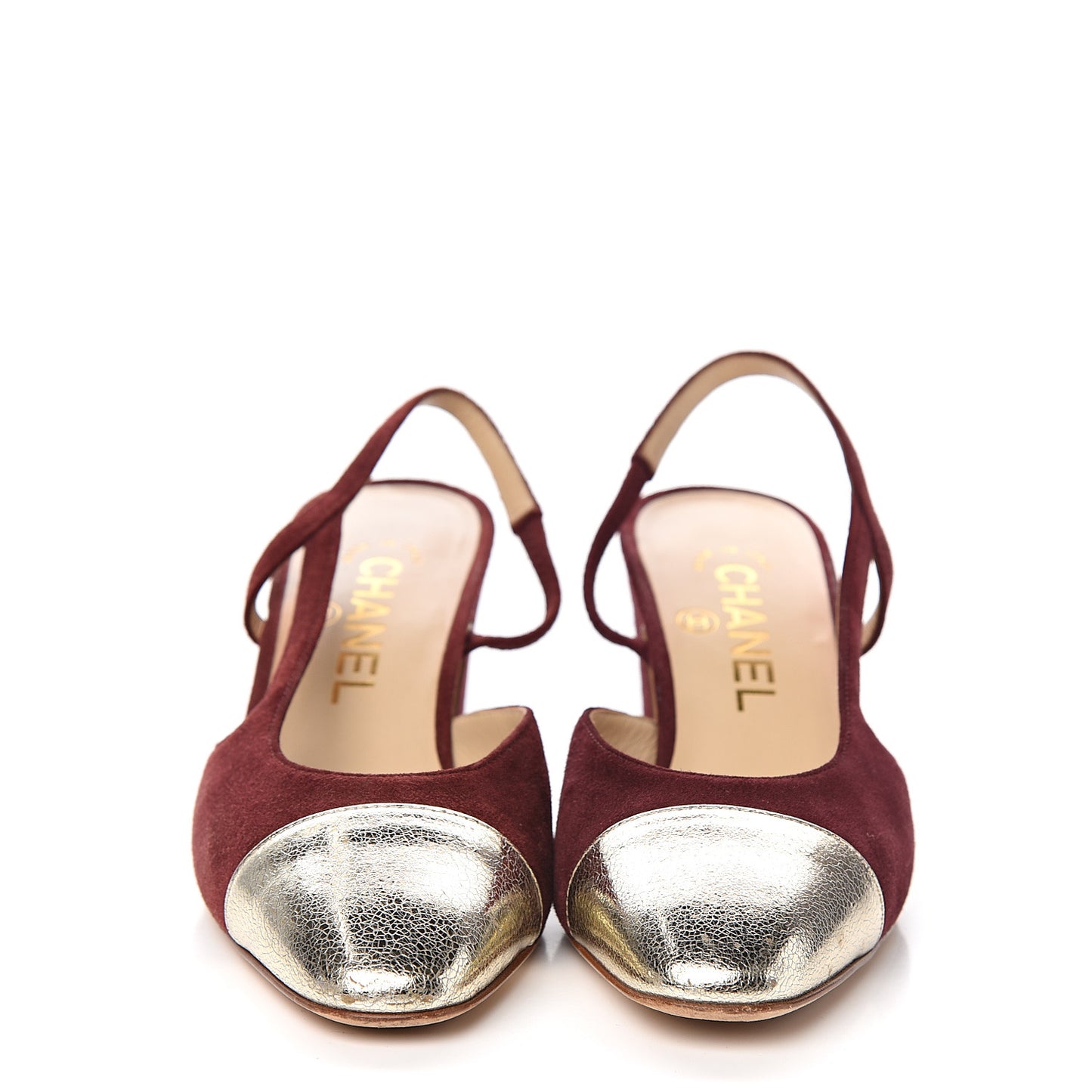 Kid Suede Metallic Lambskin Cap Toe CC Slingback Pumps 36 Burgundy Gold
