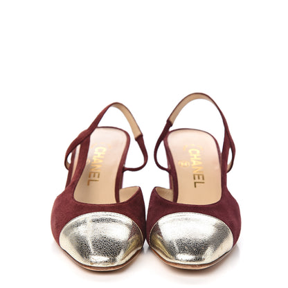 Chanel Kid Suede Metallic Lambskin Cap Toe CC Slingback Pumps 36 Burgundy Gold 2 of 9