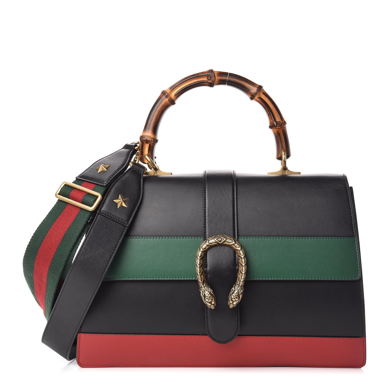 Gucci Calfskin Bamboo Web Large Dionysus Top Handle Bag Black Bright Evergreen Hibiscus Red 1 of 19